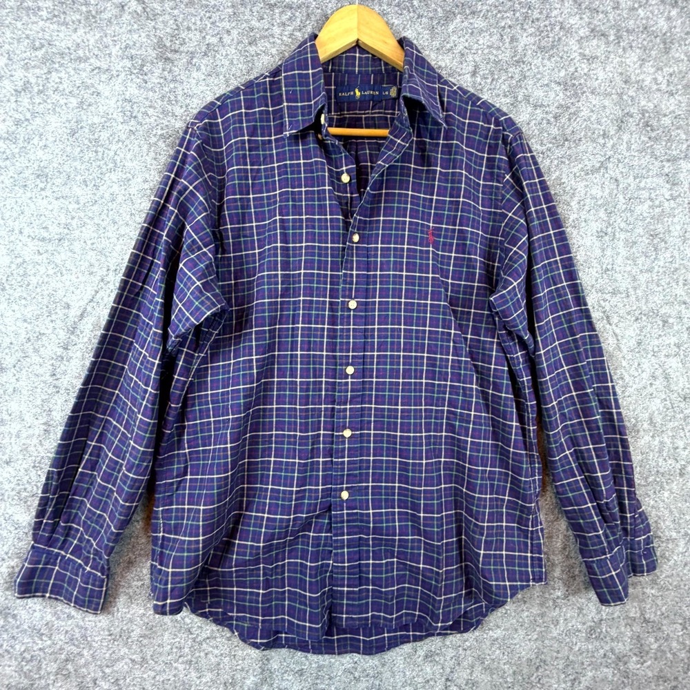 Ralph Lauren Shirt Mens Large Blue Plaid Pleated Casual Long Sleeve Button Down